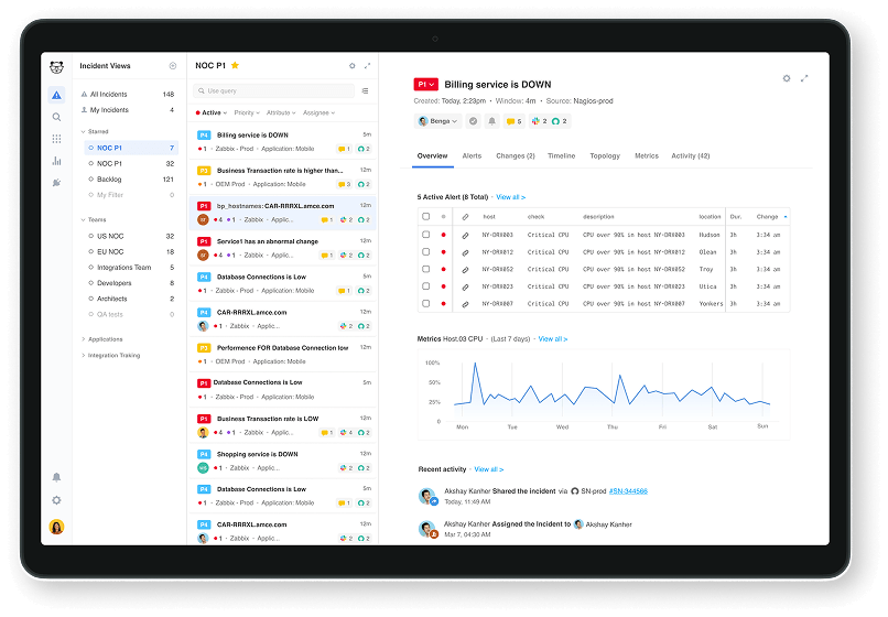 BigPanda incident management dashboard in a tablet frame: a prioritized incident feed beside an open incident with alerts and metrics.