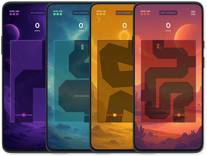 Four phones showing OutShot puzzle levels in purple, teal, orange, and red desert themes.