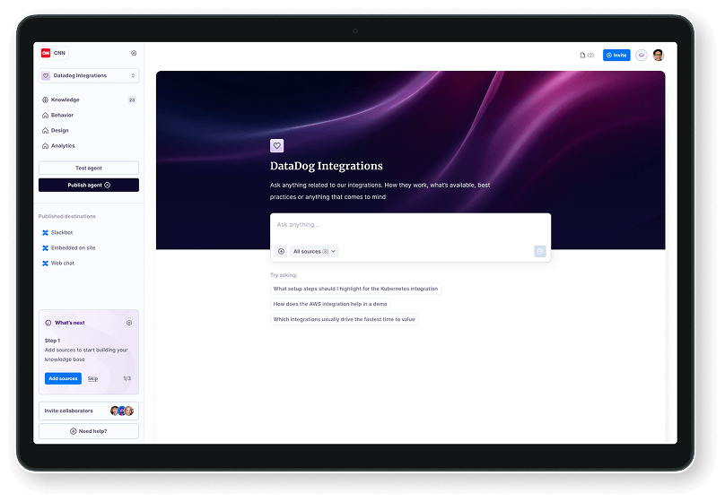 Scroll app in a tablet frame: a DataDog Integrations knowledge page with an AI assistant chat box.